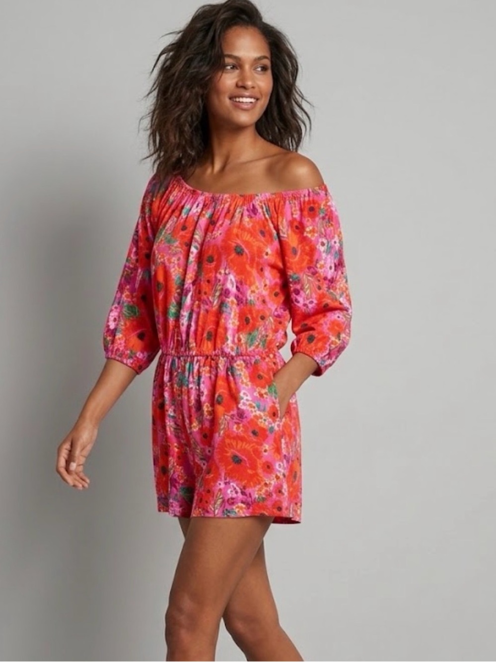 LASCANA Floral Off-Shoulder Elastic Waist Romper with Pockets Size US 8 / EUR 40